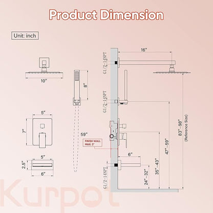 Brushed Gold Shower System, All Metal Gold Shower Faucet Set with Tub Spout, 10'' Gold Shower Head with Handheld, 59'' Shower Hose, Shower Valve and Diverter, Wall Mounted Bath Tub Faucet Set