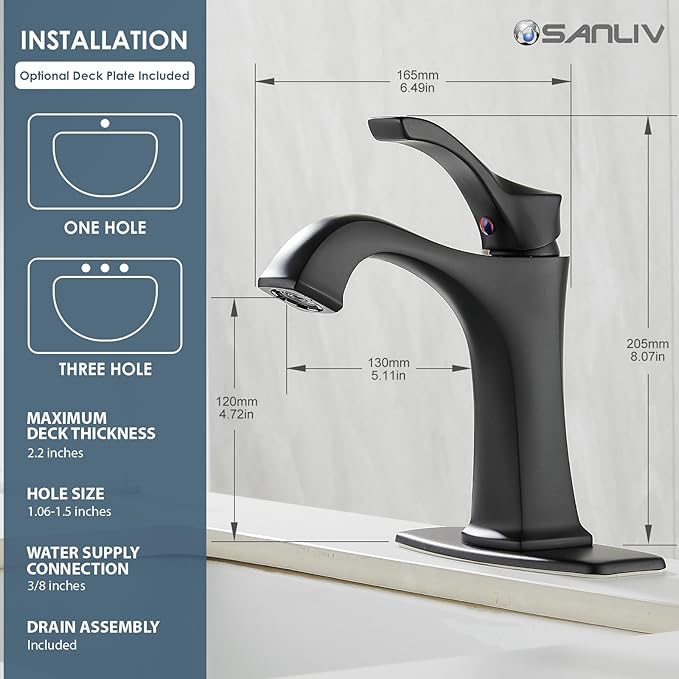 Matte Black Bathroom Faucet 1 Hole, Sanliv Single Handle Bathroom Sink Faucet, Modern Black Vanity Faucet with Deckplate & Pop-Up Drain for One or 3-Hole Farmhouse Sinks