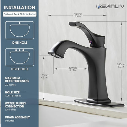 Matte Black Bathroom Faucet 1 Hole, Sanliv Single Handle Bathroom Sink Faucet, Modern Black Vanity Faucet with Deckplate & Pop-Up Drain for One or 3-Hole Farmhouse Sinks