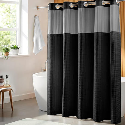 River Dream Black Cotton Blend Fabric Shower Curtain Set with Liner, 71x74 | Waffle Weave, No Hook Needed, with Snap in Replacement Liner, Top Sheer Window, Hotel Quality Fabric for Bathroom