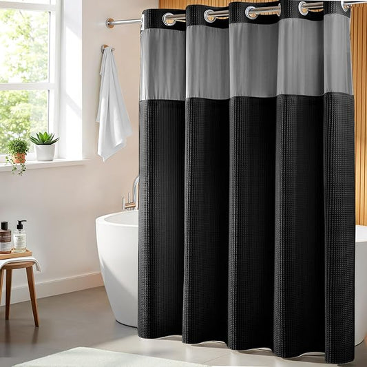 River Dream Black Cotton Blend Fabric Shower Curtain Set with Liner, 71x74 | Waffle Weave, No Hook Needed, with Snap in Replacement Liner, Top Sheer Window, Hotel Quality Fabric for Bathroom