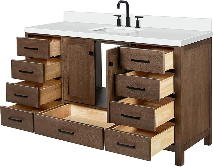 ARIEL Cambridge 60-inch Bathroom Vanity with Sink,Solid Wood, 1.5-inch Pure White Quartz Countertop, Single Rectangular Porcelain Sink, 2 Soft Closing Doors, 9 Dovetail Drawers, Brown Oak
