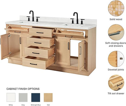 ARIEL Hepburn 72-inch Bathroom Vanity with Sink,Solid Wood, 1.5-inch Carrara White Quartz Countertop, Double Rectangular Porcelain Sink, 4 Soft Closing Doors, 6 Dovetail Drawers, White Oak