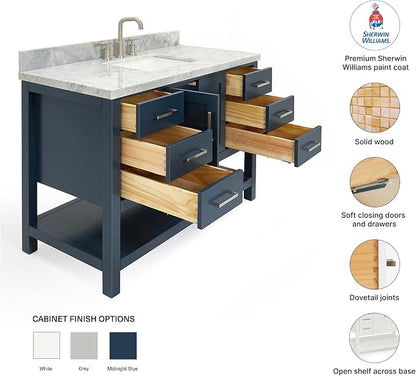 Olivia 48" Midnight Blue Bathroom Vanity with Sink, 1.5" Italian Carrara Marble Countertop, Rectangular Undermount Sink, 2 Soft Closing Doors, 6 Dovetail Drawers, Brushed Nickel