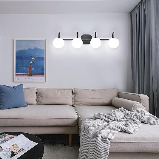 Vintage Bathroom Light Fixtures 4-Lights Black Mid Century Vanity Lights with Milk White Glass Globe Shade Vintage Wall Sconces Lighting Bath Vanity Lights Bar Over Mirror(Exclude G9 Bulb)