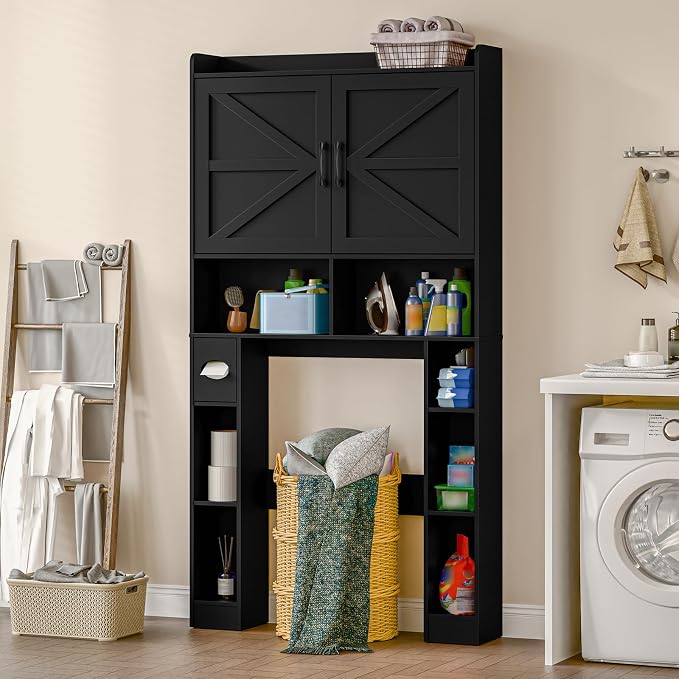 Vabches Over The Toilet Storage Cabinet with Barn Doors, Pure Black | Toilet Cabinet Rack, Space Saving Bathroom Organizer with Shelves, Toilet Paper Holder and Towel Rack for Bathroom,Laundry.