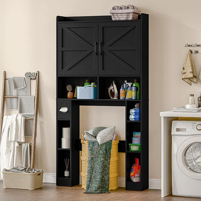 Vabches Over The Toilet Storage Cabinet with Barn Doors, Pure Black | Toilet Cabinet Rack, Space Saving Bathroom Organizer with Shelves, Toilet Paper Holder and Towel Rack for Bathroom,Laundry.