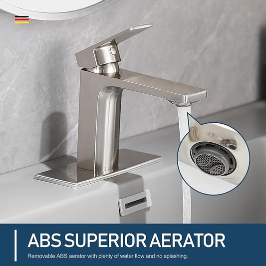 Bathroom Faucets Brushed Nickel 1 Hole Single Handle Bathroom Vanity Sink Faucet with Pop-up Drain and Faucet Supply Lines Rv Lavatory Vessel Faucet Basin Mixer Tap