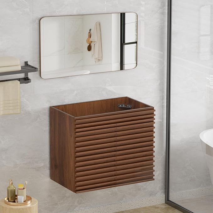 ROOMTEC 30" Bathroom Vanity, Mid-Century Wall Mounted Floating Cabinet with 2 Closing Doors, Wood Grain Texture, Walnut (Sink Basin Not Included)