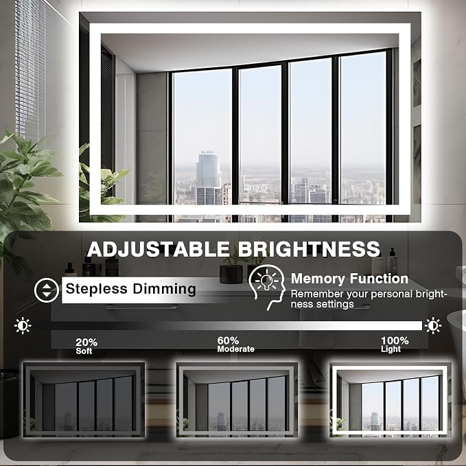 EchosLife 50"x36" Lighted Mirrors for Bathroom Wall | Backlit + Front Lit, Anti-Fog, Stepless Dimmable, 3 Colors, Memory, Tempered Glass, UL Listed, Horizontal/Vertical