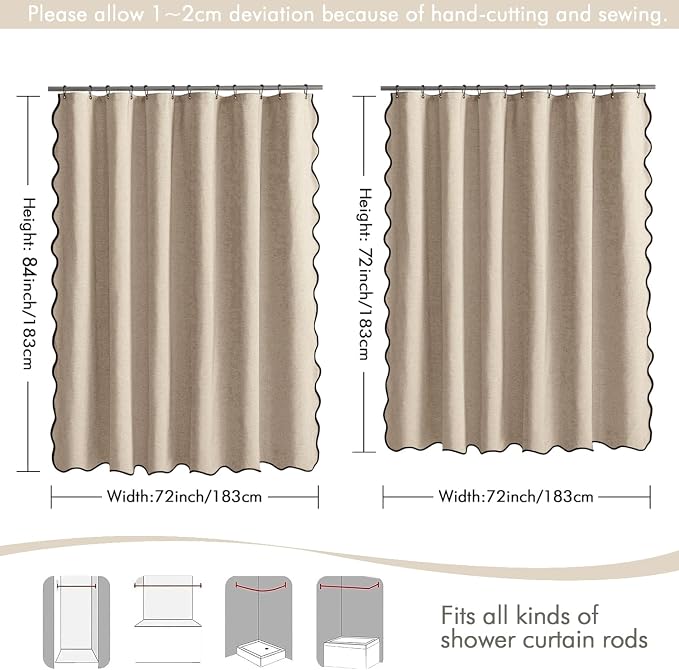 MIULEE 72"x84" Extra Long Scalloped Linen Shower Curtain Copper Brown | Linen Textured, Waterproof, Washable, 12 Metal Hooks, Heavy Duty Cloth, Black Border, Shower Curtain for Bathroom Bathtub