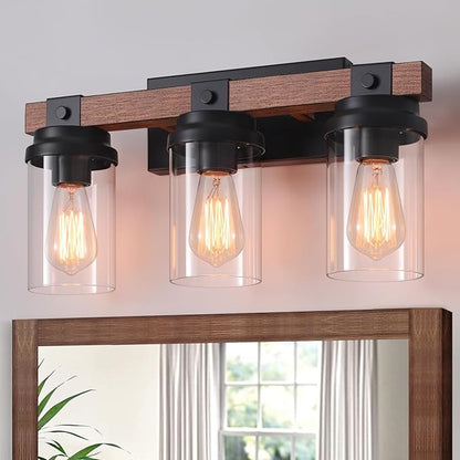 3 Light Farmhouse Vanity Light, Rustic Black Bathroom Light Over Mirror with Clear Glass Shade, Wood Grain Vintage Farmhouse Wall Sconces for Bathroom, Living Room, Hallway
