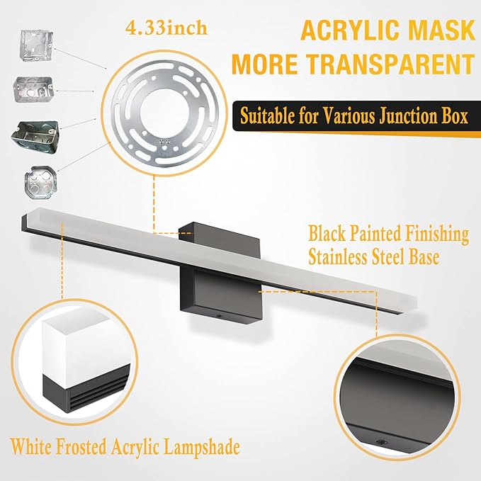 Combuh Bathroom Light Fixtures Dimmable Black Vanity Lights Bar 24 Inch 14W Bathroom Lights Over Mirror ip44 Wall Sconces Daylight White 6000K