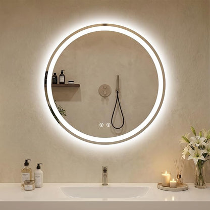 DUMOS 28 Inch Round LED Bathroom Mirror with Lights, Circle Vanity Mirror | Anti-Fog, Dimmable, 3-Color Light, Front Light and Backlit, Memory Function, Tempered Glass