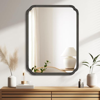 WallBeyond 30" x 40" Rounded Corner Arch Wall Mirror with Wood Frame for Entryway, Living Room or Bedroom Home Decor - Light Woodgrain [30 x 40 inches, Black]