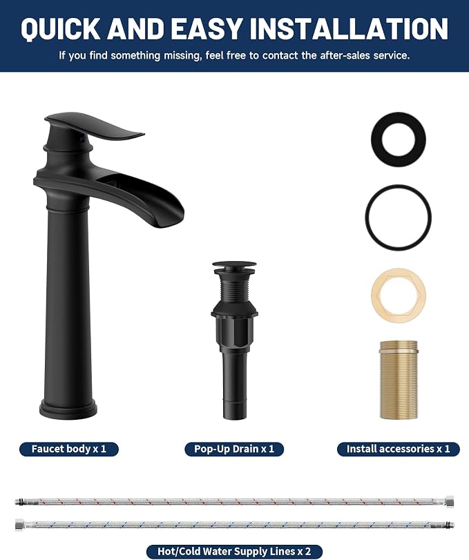 Matte Black Vessel Sink Faucet Brass Waterfall Bathroom Faucet Single Hole | with Pop Up Drain Assembly and Supply Hoses, Single Handle Tall Bathroom Faucets Lavatory Vanity Mixer Tap by BATHLAVISH