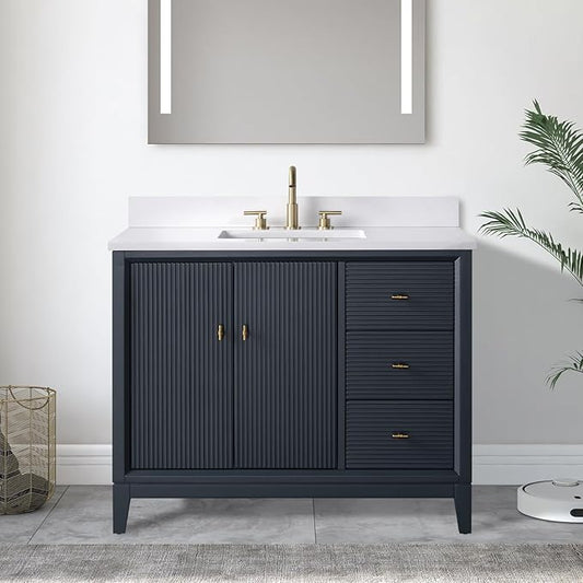 Vanity Art 42" Bathroom Vanity with Single Sink & Arabescato White Engineered Stone Top, Soft Closing Door, Solid Wood Frame, Golden Brushed Handles, Vintage Spruce Blue VA8142-VSB-GB