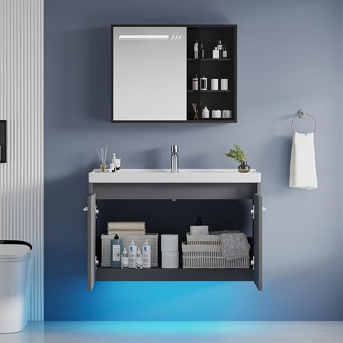4ever2buy 31" Floating Bathroom Vanity with Sink, Modern Bathroom Vanity with LED Light, Wall Mounted Sink Cabinet with 2 Doors, Grey