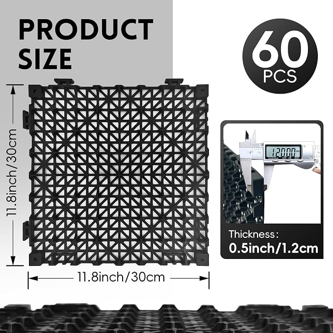 RITOLLO Modular Interlocking Cushion Drainage Floor Tiles, 60-Pack 11.8"x11.8" PVC Raised Non-Slip Interlocking Mats with Drain Holes for Deck, Pool, Garage, Shower, Patio, Bathroom, Sauna, Yard