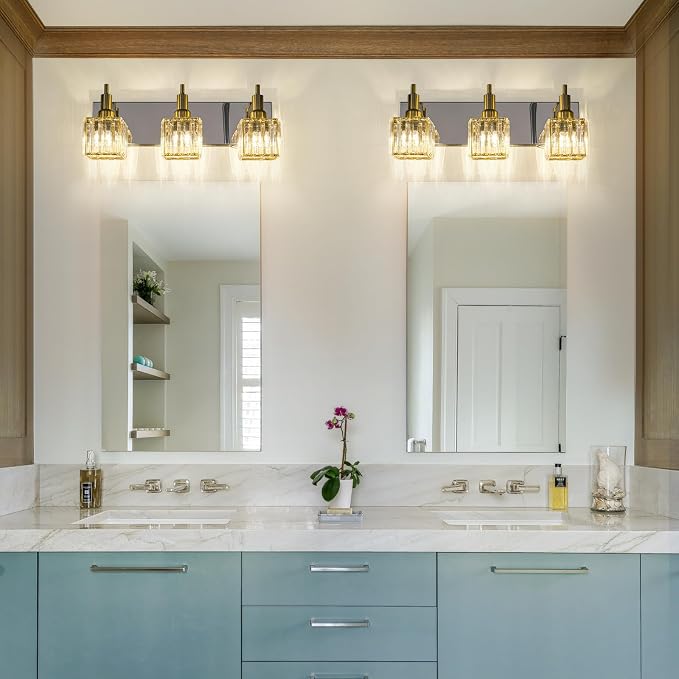 Crystal Bathroom Vanity Light Gold Chrome 3-Light Modern Bathroom Lighting Fixtures Over Mirror Square Wall Sconce