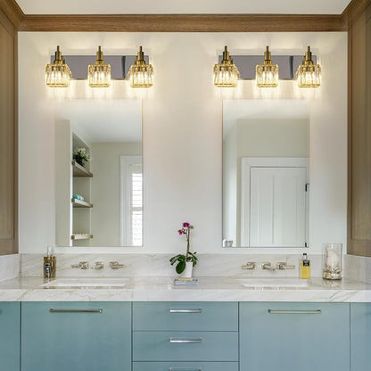Crystal Bathroom Vanity Light Gold Chrome 3-Light Modern Bathroom Lighting Fixtures Over Mirror Square Wall Sconce