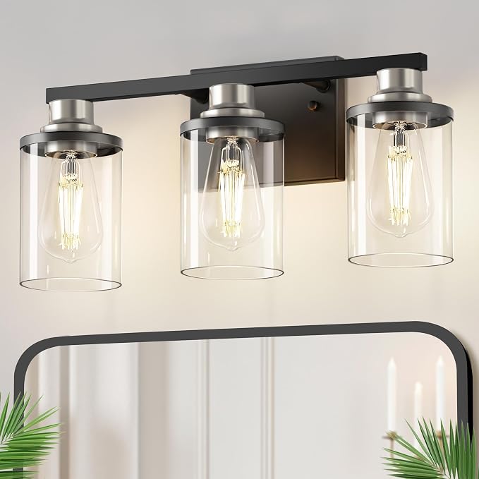 DORESshop 17 Inch 3-Light Black Nickel Bathroom Vanity Light | Modern Black Nickel Vanity Light Fixture, Clear Glass Shade Bathroom Wall Light, Mirror Lighting for Bedroom Living Room