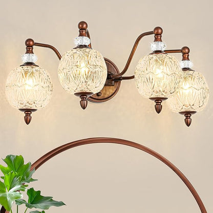 Vintage Bathroom Vanity Light, 4-Light Antique Red Bronze Finish Wall Sconce with Globe Glass Shades, Retro Mirror Light for Bathroom, Powder Room