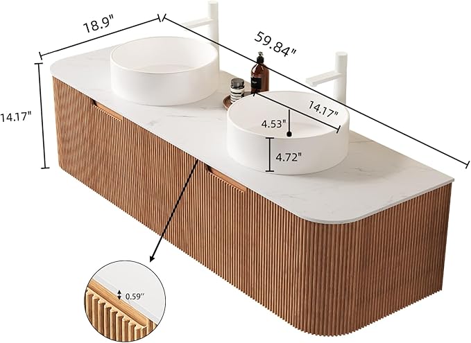 Yayzy 60" Floating Bathroom Vanity with Sink, Solid Wood Fluted Cabinet, White Round Ceramic Basin & Faux Marble Top, Soft-Close Drawer, Pre-Assembled, Natural Woodgrain