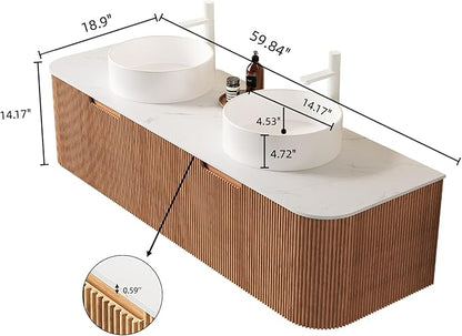 Yayzy 60" Floating Bathroom Vanity with Sink, Solid Wood Fluted Cabinet, White Round Ceramic Basin & Faux Marble Top, Soft-Close Drawer, Pre-Assembled, Natural Woodgrain