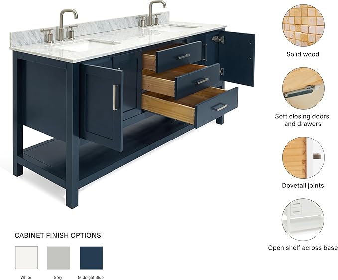 ARIEL Magnolia 72-inch Bathroom Vanity with Sink,Solid Wood, 0.75-inch Italian Carrara Marble Countertop, Double Rectangular Porcelain Sink, 4 Soft Closing Doors, 3 Dovetail Drawers, Midnight Blue