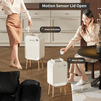 MRBIN Motion Sensor Trash Can Bathroom with Butterfly Lid and Leg, 5.5 Gal / 20 L Tall Automatic Touchless Electric Smart Waste Basket, Toilet Covered Garbage Dustbin for Bedroom, Cream White