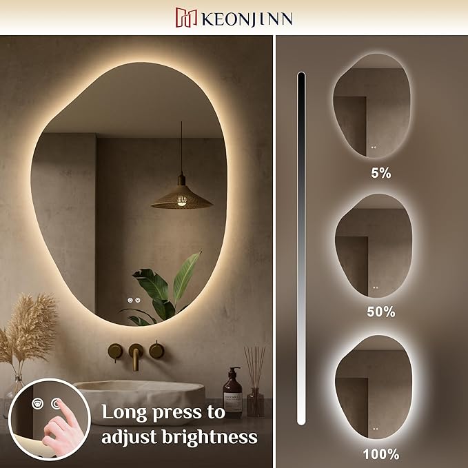 Keonjinn Asymmetrical Backlit Mirror 30x40 Inch, Irregular LED Bathroom Mirror, Lighted Bathroom Mirror with Tempered Glass, UL-Listed LED Driver, Stepless Dimmable with 3 Colors, Horizontal/Vertical