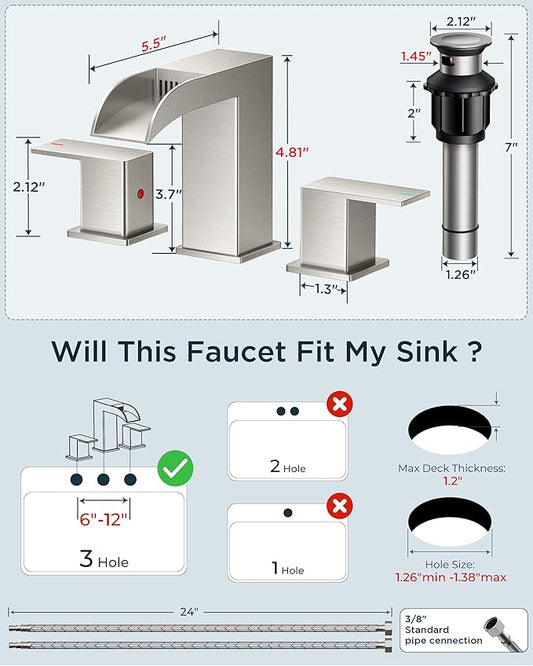 FORIOUS Bathroom Faucets 3 Hole Brushed Nickel, Waterfall 8 Inch Widespread Bathroom Sink Faucet with Metal Pop-up Drain and Supply Lines, Two Handles for Vanity, Lavatory, Restroom