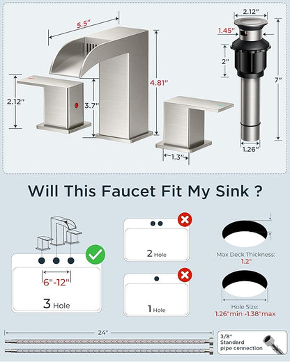 FORIOUS 2 Pack, Bathroom Faucets 3 Hole Brushed Nickel, Waterfall 8 Inch Widespread Bathroom Sink Faucet with Metal Pop-up Drain and Supply Lines, Two Handles for Vanity, Lavatory, Restroom