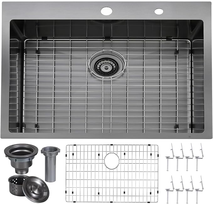 VAPSINT 28x18 Inch Black Drop In Kitchen Sink, 28 Inch Gunmetal Black Top Mount Extra-Thick Stainless Steel Single Bowl Sink RV Laundry Utility Prep Sink with Drain Strainer & Metal Grid