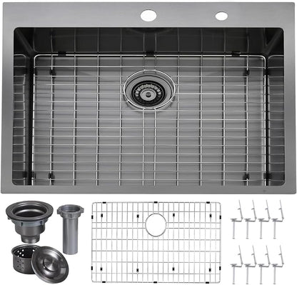 VAPSINT 28x18 Inch Black Drop In Kitchen Sink, 28 Inch Gunmetal Black Top Mount Extra-Thick Stainless Steel Single Bowl Sink RV Laundry Utility Prep Sink with Drain Strainer & Metal Grid