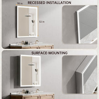30"x32" Medicine Cabinet Mirror, LED Lighted Medicine Cabinet with Electrical Outlet＆USB, Anti-Fog, 3 Colors Temperature Stepless Dimmable, Aluminum Cabinet for Storage and Mordern Decor