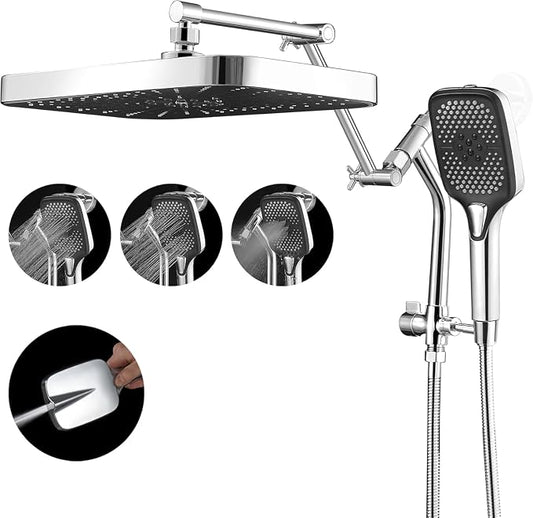 14" High Pressure Rain/Rainfall Shower Heads With Handheld Spray Combo (3+1 Settings & Built-in Power Wash Mode), Double/Dual Shower Head With Handheld - Height/Angle Adjustable(Polished Chrome)