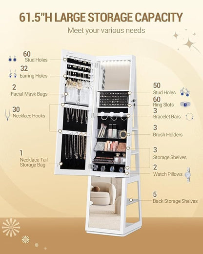 Hzuaneri 16 LEDs Jewelry Cabinet Armoire, Standing Jewelry Organizer | Lockable Full-length Mirror, 360° Rotating Base, 5-tier Storage Shelves, 4-in-1 Design, 61.5" H, White and Black JC15903B