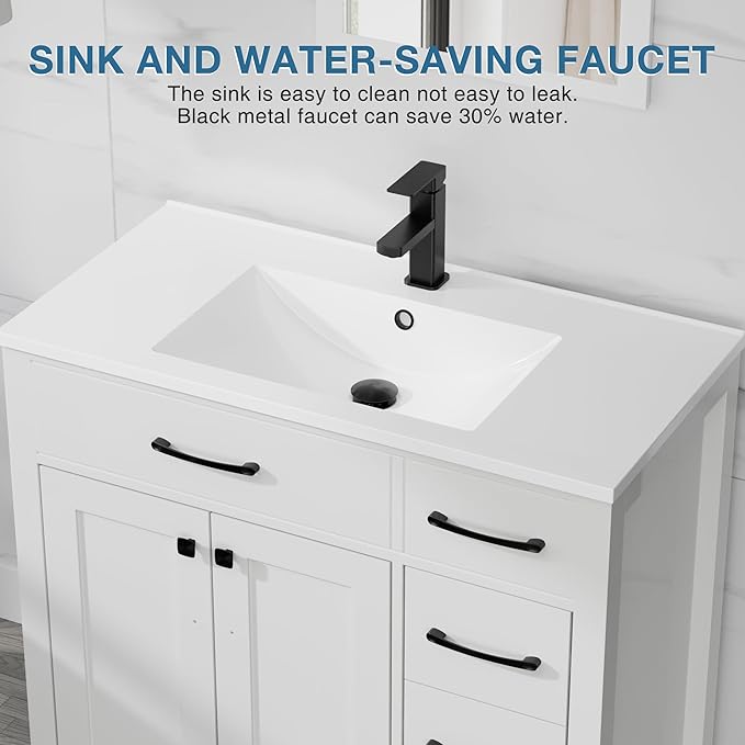 LUCKWIND 36" Bathroom Vanity with Sink Combo, Painted Modern Bathroom Storage Cabinet with Large Sink, Two Doors and Three Drawers, Include Faucet Without Mirror, White