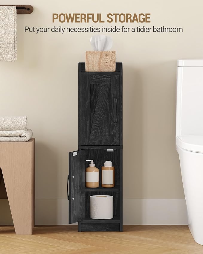 Bathroom Storage Cabinet, Small Corner Floor Cabinet with Door and Shelves, Narrow Bathroom Organizer and Paper Storage with Adjustable Shelves, for Small Spaces, Black BC27004X