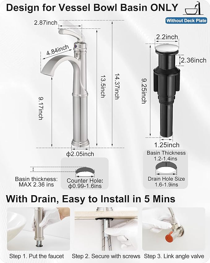 Bathroom Vessel Sink Faucet Brushed Nickel, Brass Tall Waterfall Bathroom Faucet 1 Hole Bathroom Sink Faucet Single Handle Bathroom Faucets with Water Lines Pop-Up Drain