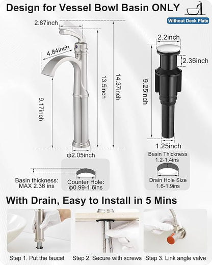 Bathroom Vessel Sink Faucet Brushed Nickel, Brass Tall Waterfall Bathroom Faucet 1 Hole Bathroom Sink Faucet Single Handle Bathroom Faucets with Water Lines Pop-Up Drain