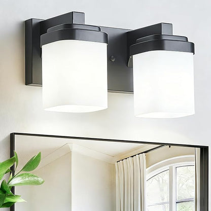 Vanity Lights, Small Bathroom Lamp Lighting Fixtures Over Mirror | 2-light black vanity lights for bathroom with milky white square glass shade, 10" modern farmhouse bathroom light fixtures