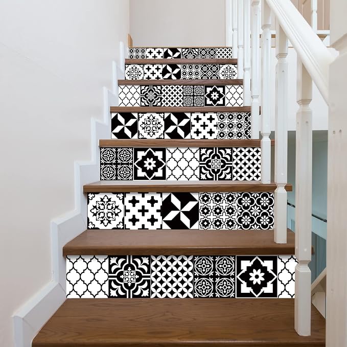 Easy Peel Stick Vinyl wall Tile Decals 6x6in Stick on backsplash,12Pc | Waterproof&heat resistant tile stickers for kitchen RV laundry backsplash decor,remove no damaging,black white tile