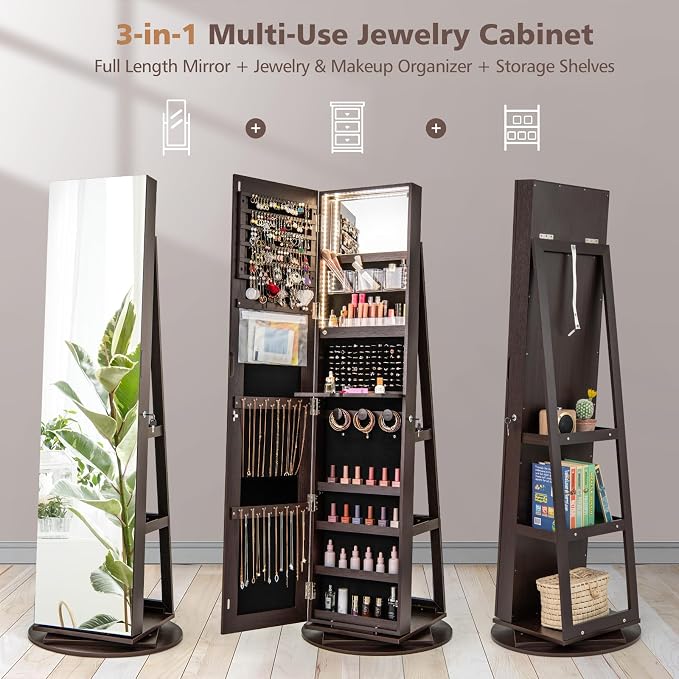 MAT EXPERT 360° Rotating Jewelry Armoire, Lockable Freestanding Jewelry Organizer w/Full-length Mirror, 3-Color LED Lights, Rear Storage Shelves, Mirror Jewelry Cabinet for Bedroom (Espresso)