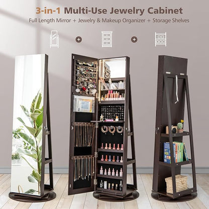 MAT EXPERT 360° Rotating Jewelry Armoire, Lockable Freestanding Jewelry Organizer w/Full-length Mirror, 3-Color LED Lights, Rear Storage Shelves, Mirror Jewelry Cabinet for Bedroom (Espresso)