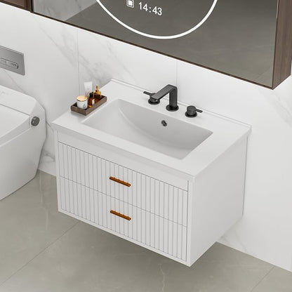 Floating Bathroom Vanity with Sink, 30 Inch Wall Mounted Fluted Vanity | Bathroom Cabinet with Ceramic Sink Top & 2 Soft-Close Drawers, Gold Metal Handle, Easy to Assembly White