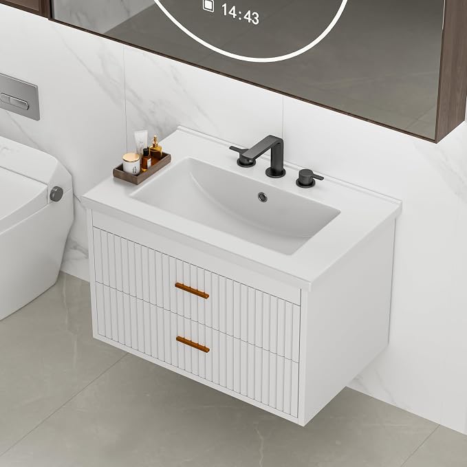 Floating Bathroom Vanity with Sink, 24 Inch Wall Mounted Fluted Vanity | Bathroom Cabinet with Ceramic Sink Top & 2 Soft-Close Drawers, Gold Metal Handle, Easy to Assembly White