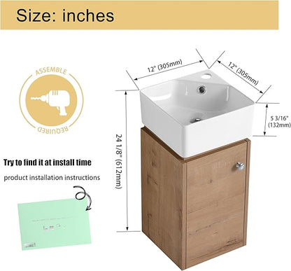 Malwee 12 Inch Wall-Hung Vanity, Corner Vanity, 12'' Floating Bathroom Vanity with Sink, with 1 Door and White Ceramic Basin Sink Top (045-12)